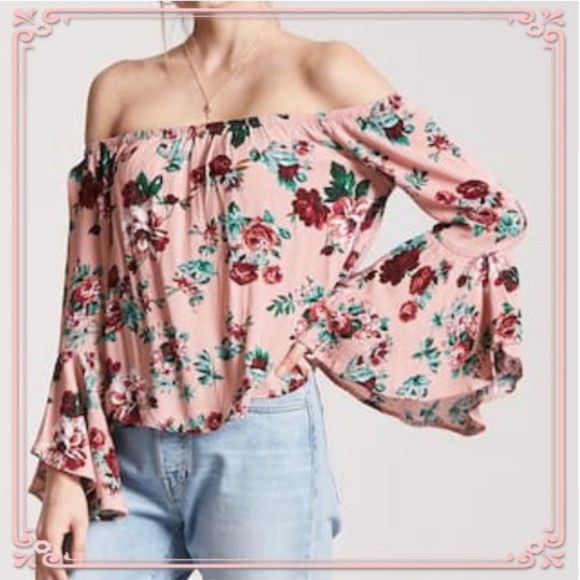 Tops - Mauve Pink Floral Bell Sleeve Off Shoulder Top